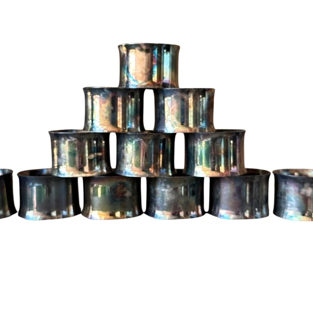 Vintage Silverplate Napkin Rings Set of 12 Concave Tarnish Patina Silver Tone